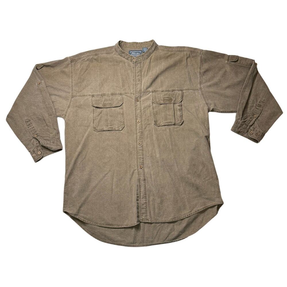 VTG Utility Cargo Long Sleeve Brown Safari Workwear Field Shirt‎ Thick Cotton Lg